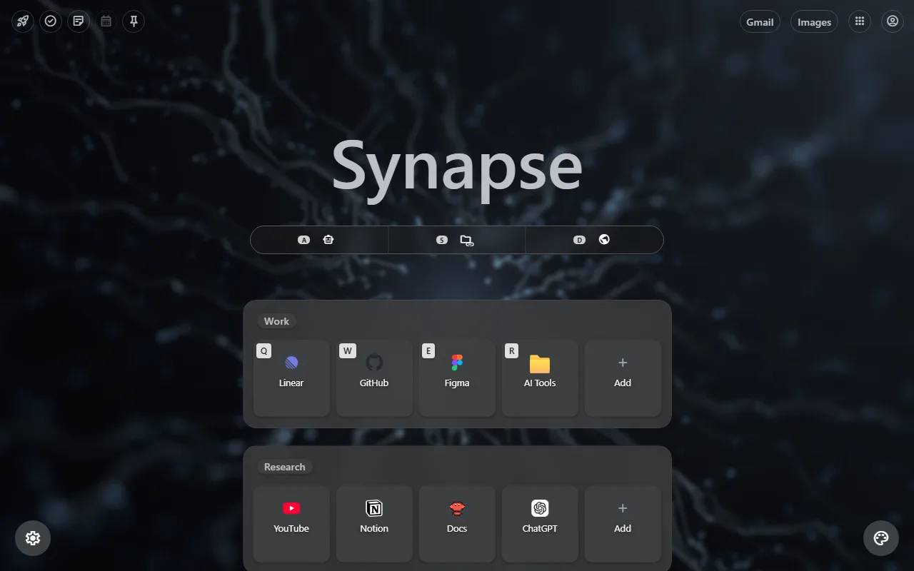 Synapse customizable browser workspace with search, saved prompts, and quick launch.