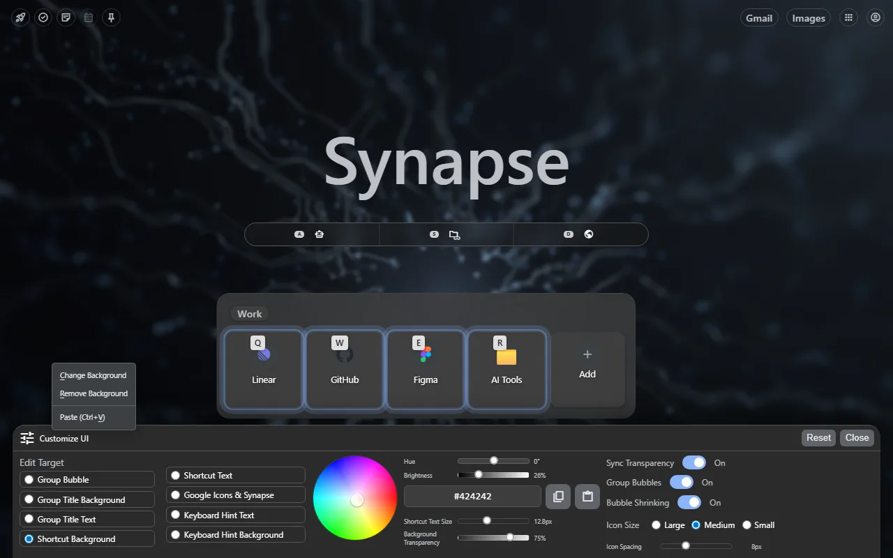 Synapse customizable New Tab workspace with context menu and controls visible.