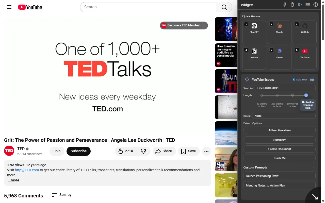 Synapse YouTube Extract running on a live video page.