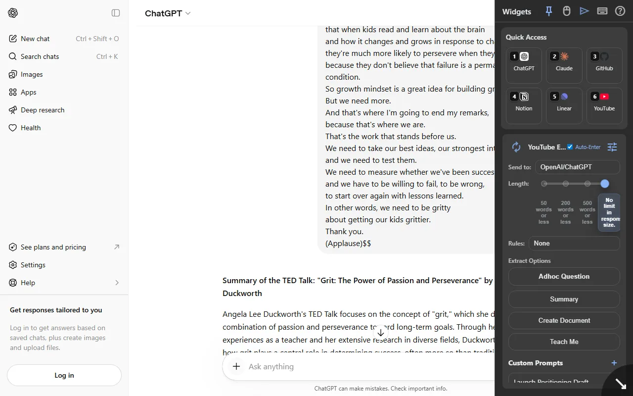 A YouTube transcript and summary in ChatGPT beside the Synapse sidebar.