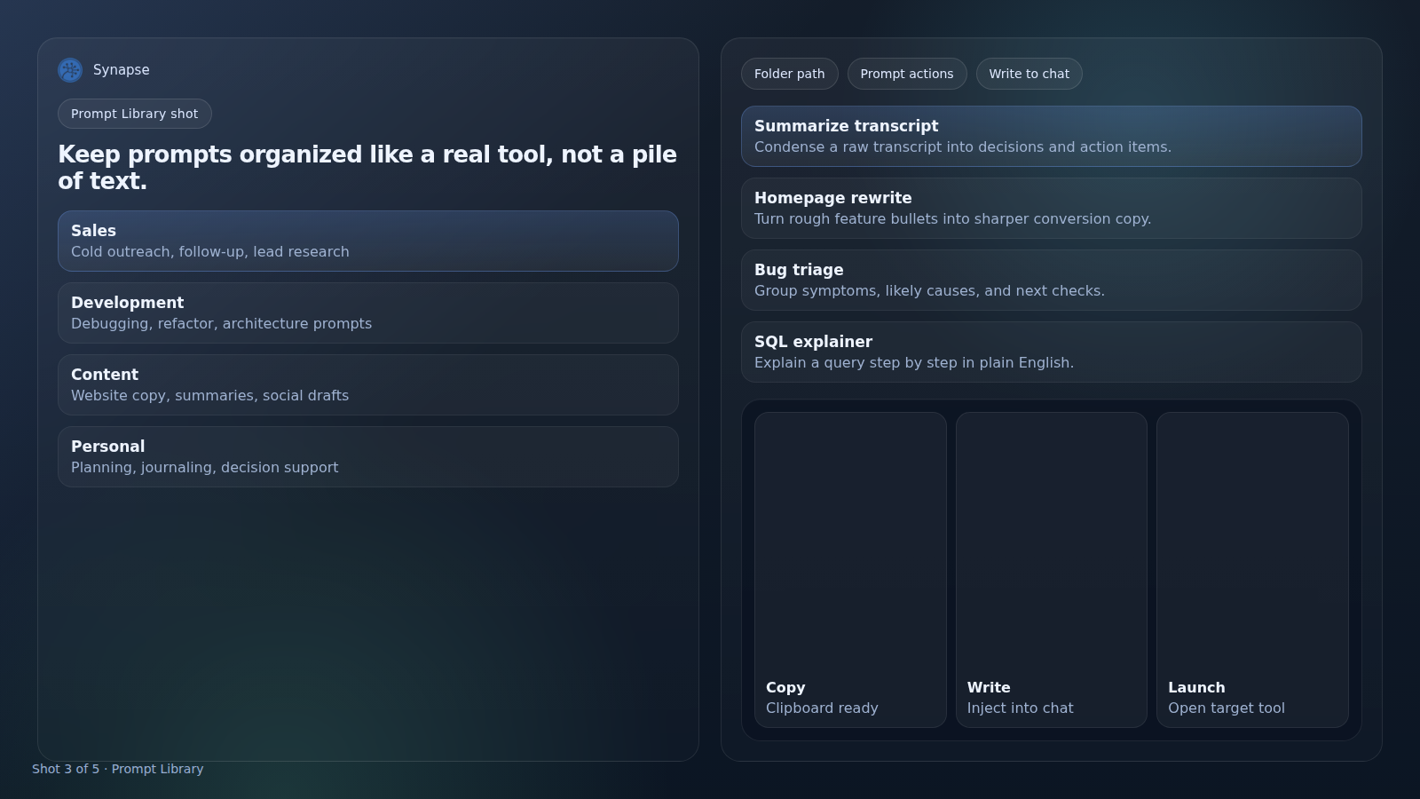 Synapse AI Prompt Library showing organized reusable prompts in Chrome.